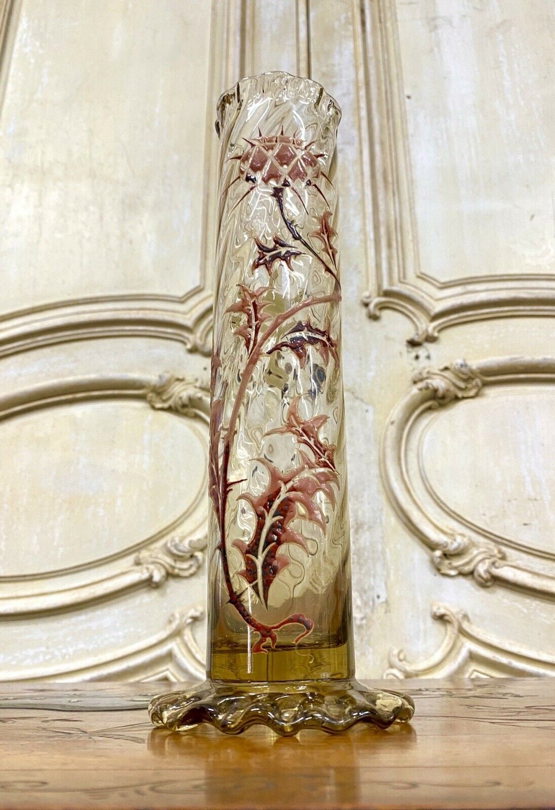 Émile Gallé - Vase Tube En Verre Dit «Chardon De Lorraine», Art Nouveau - 27cm