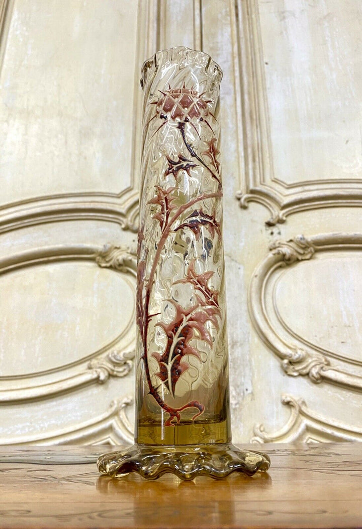 Émile Gallé - Vase Tube En Verre Dit «Chardon De Lorraine», Art Nouveau - 27cm