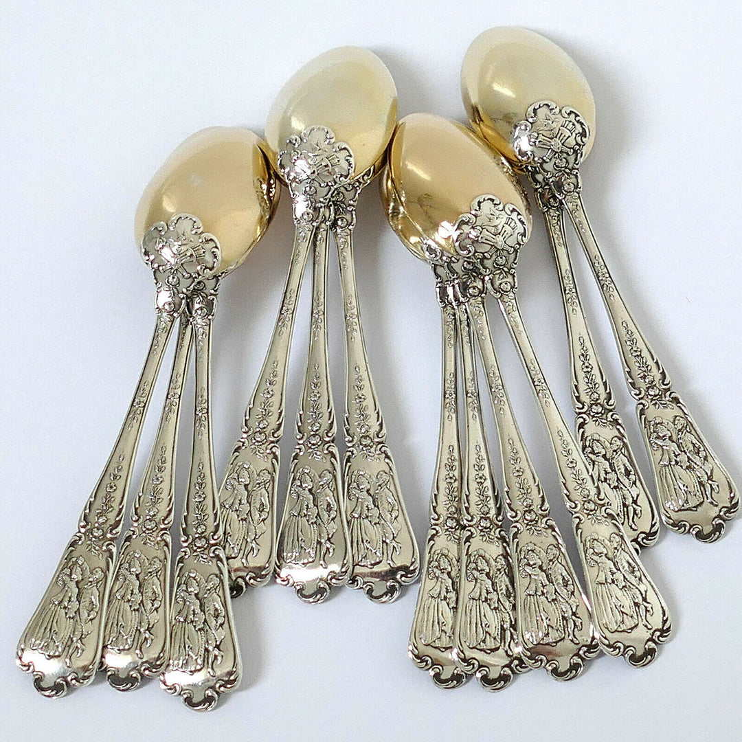 Puiforcat Masterpiece French Sterling Silver 18k Gold Tea Spoons Set 12 Pc, Box