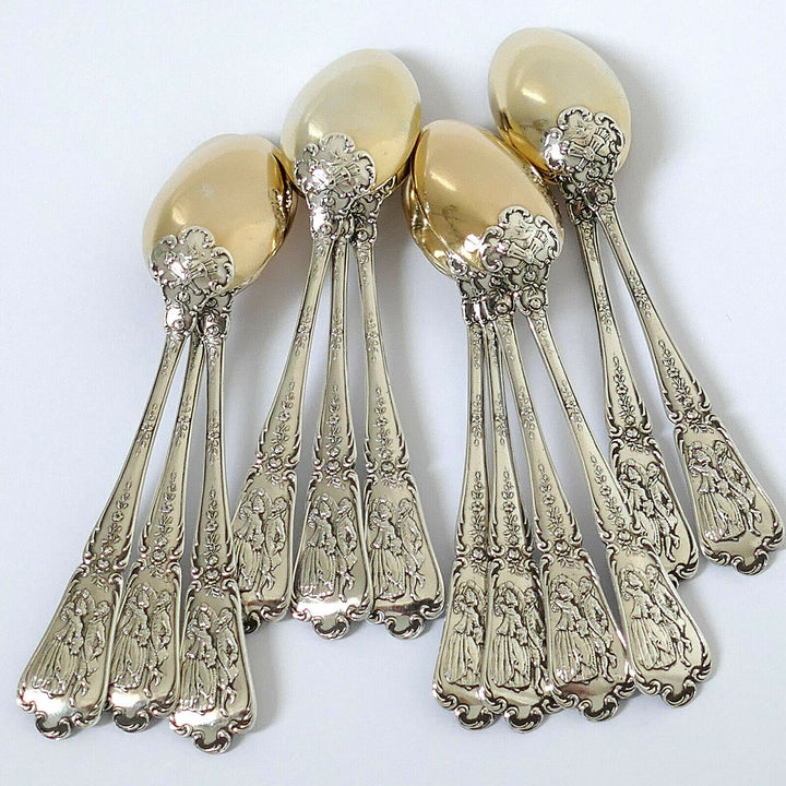Puiforcat Masterpiece French Sterling Silver 18k Gold Tea Spoons Set 12 Pc, Box