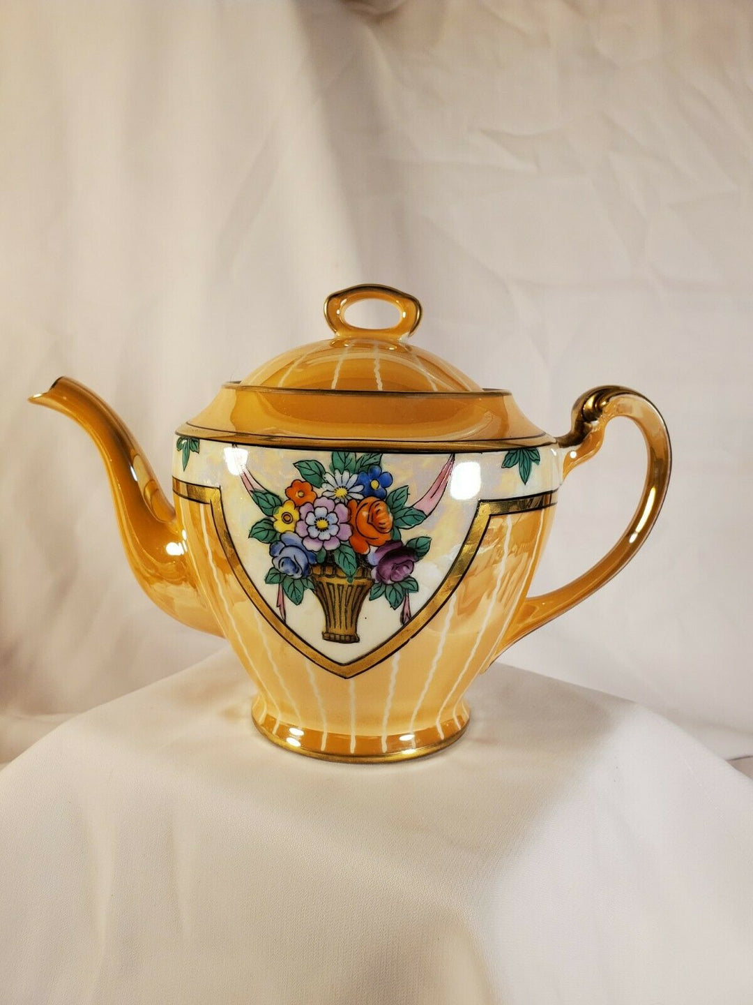 Noritake Teapot w/ Lid Iridescent Lusterware Orange & White Gold Trim Japan