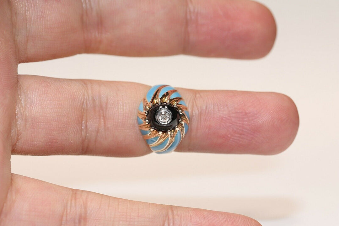 オールド 14K ナチュラルダイヤモンド、オニキス、エナメルのリング