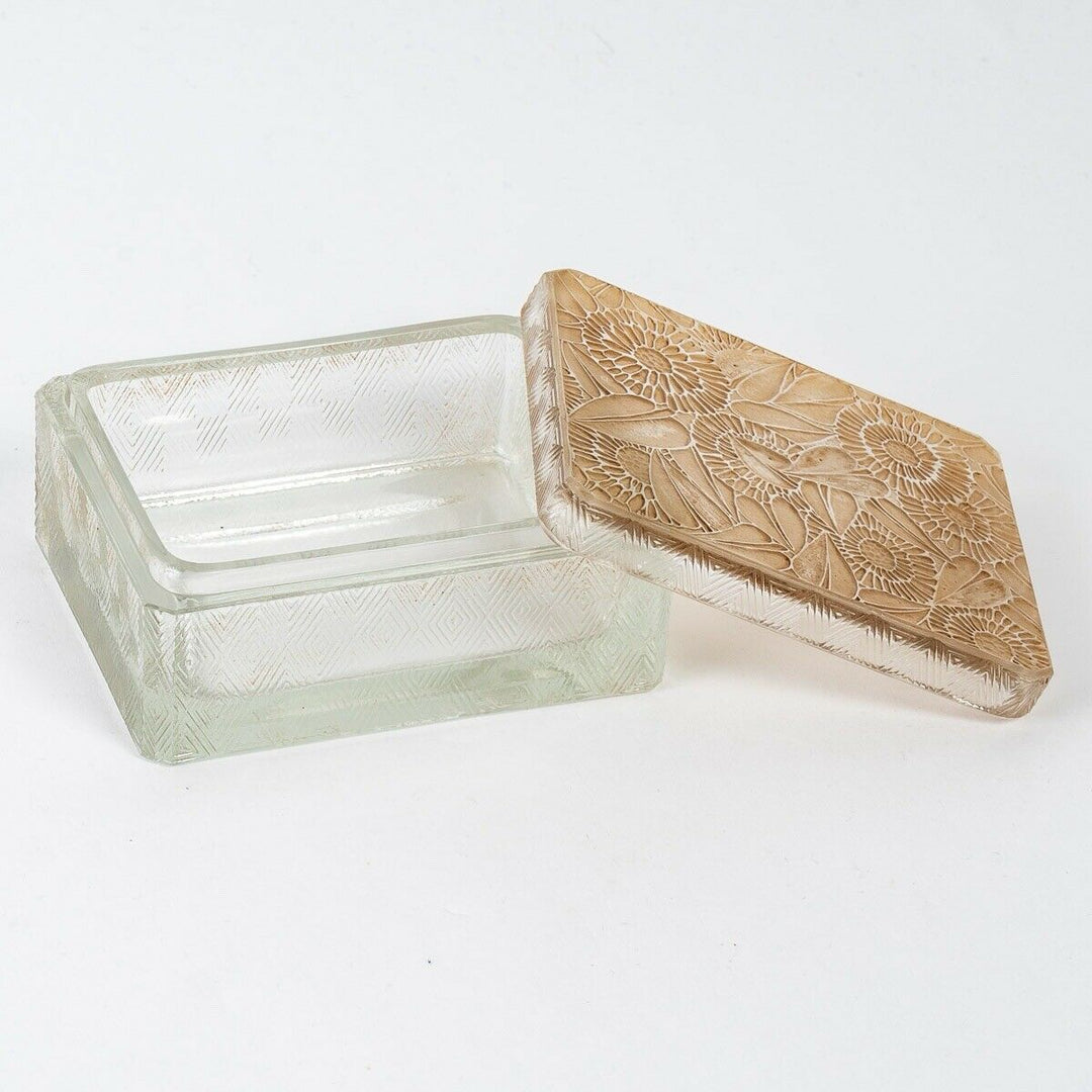Boite Zinnias Verre Patiné Sépia René Lalique Stained Flowers Box Jar R.Lalique