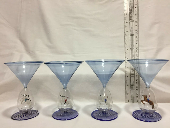 Bimini glass goblets, set of 4, polo riders, collectible, rare, art glass