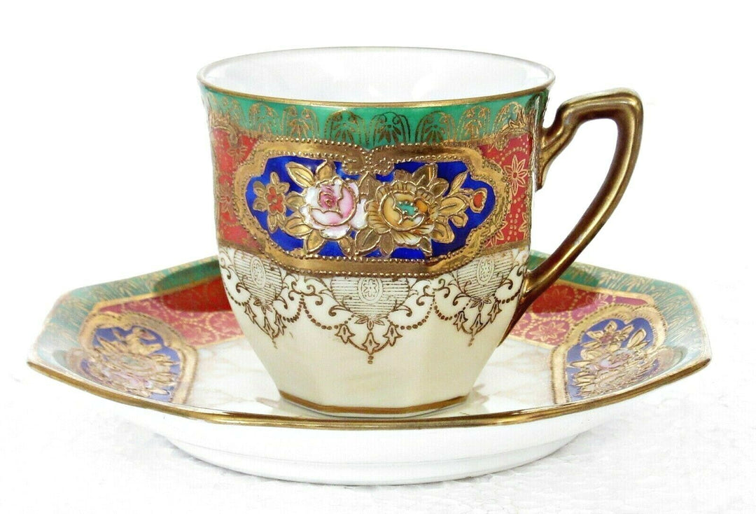 オールドノリタケ　カップ＆ソーサーセット　ローズ　金縁　八角形　アールデコ