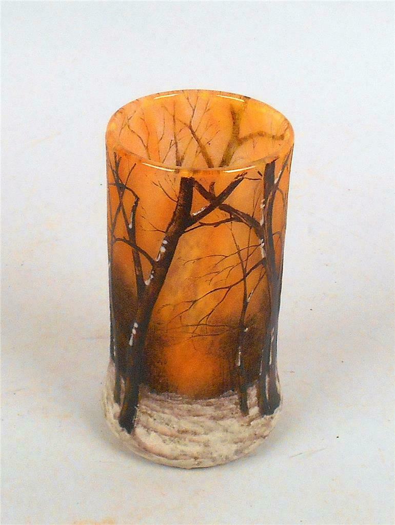SIGNED DAUM NANCY WINTER SCENIC WOODLAND DECOR 6" VASE