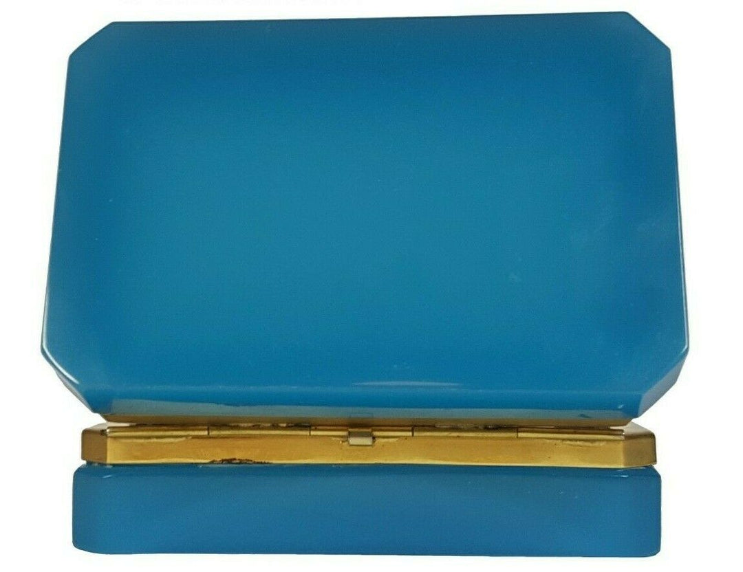 Blue Opaline Glass Jewelry Box / Trinket Box | Rectangular | Brass Frame | Italy