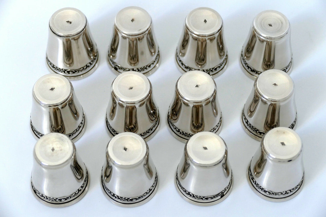 Antique French Sterling Silver 18k Gold Liquor Cups 12 pieces, Original Box