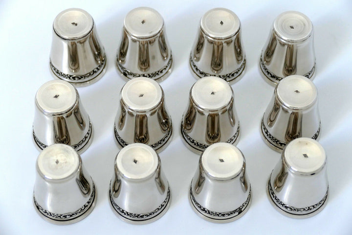 Antique French Sterling Silver 18k Gold Liquor Cups 12 pieces, Original Box