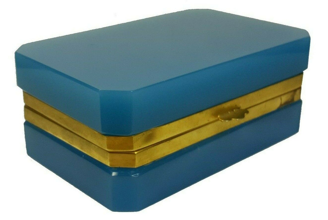 Blue Opaline Glass Jewelry Box / Trinket Box | Rectangular | Brass Frame | Italy