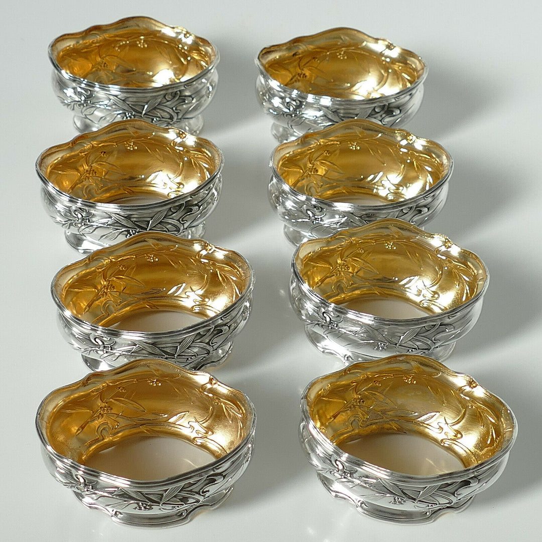 Puiforcat French Sterling Silver 18k Gold Set 8 Salt Cellars, Boxes, Mistletoe