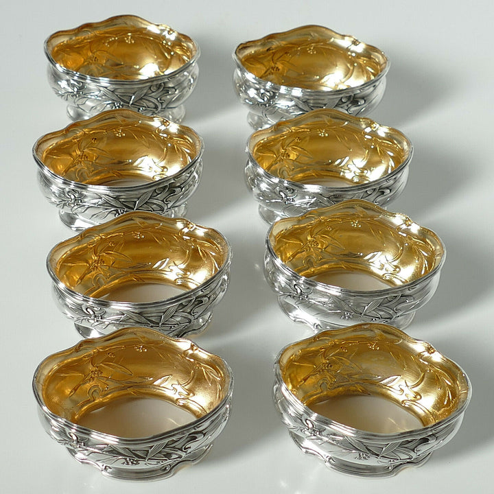 Puiforcat French Sterling Silver 18k Gold Set 8 Salt Cellars, Boxes, Mistletoe