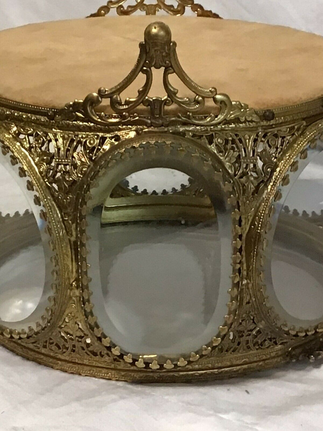 Vintage Filigree Ormolu Jewelry Casket 8 Sided Beveled Glass Ornate Trinket Box