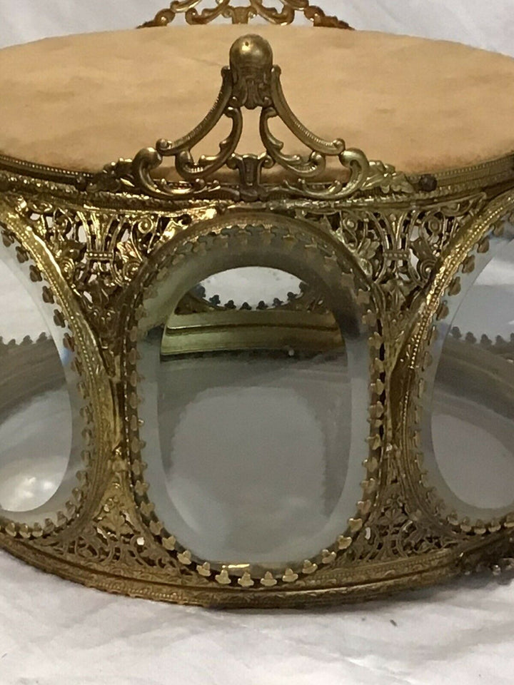 Vintage Filigree Ormolu Jewelry Casket 8 Sided Beveled Glass Ornate Trinket Box