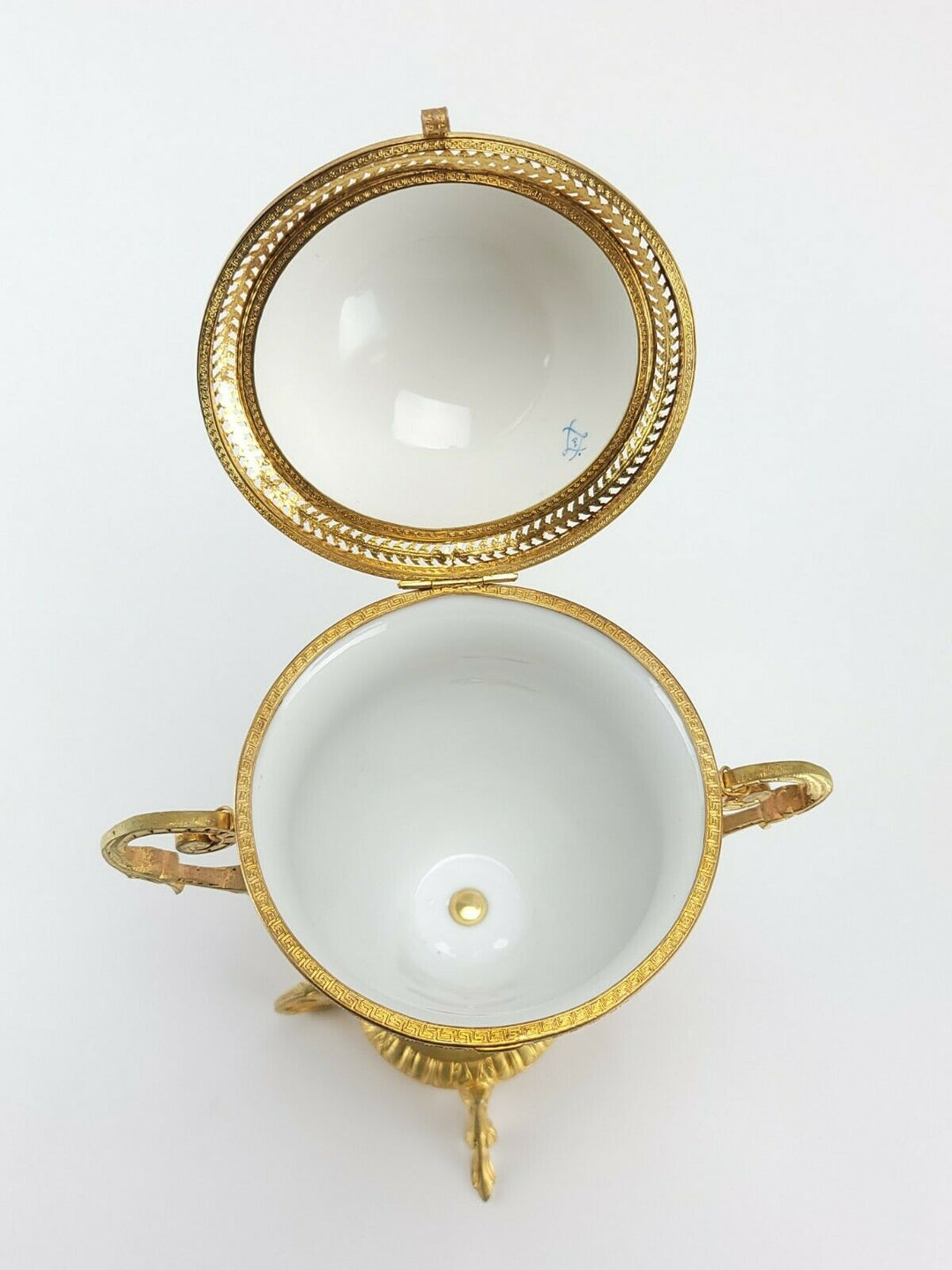 Antique French Sevres Porcelain Box Egg Style Gilt Bronze