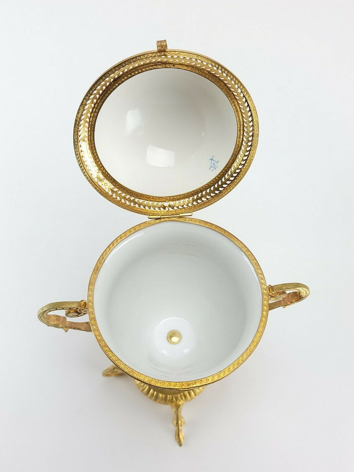 Antique French Sevres Porcelain Box Egg Style Gilt Bronze