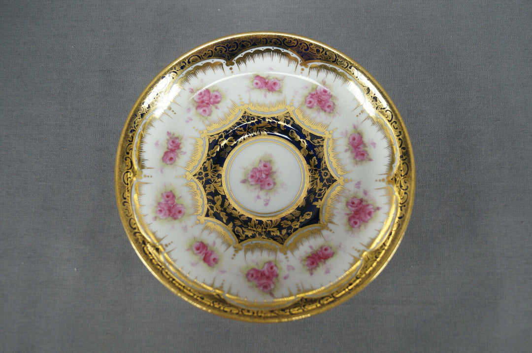 Paragon Pink Roses Cobalt & Gold Empire Form Chocolate Cup & Saucer Circa 1907