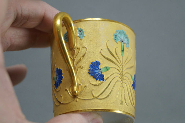 Antique French Hand Painted Blue Carnation Flower & Gold Demitasse Cup & Saucer