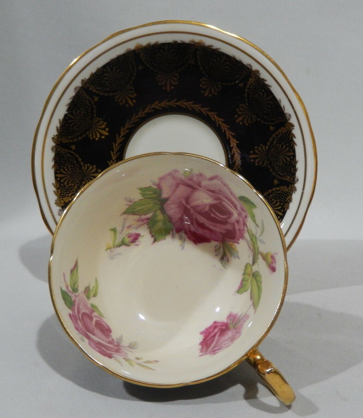 Vintage 1940s AYNSLEY PINK CABBAGE ROSE CUP & SAUCER on BLACK with Gold Filigree