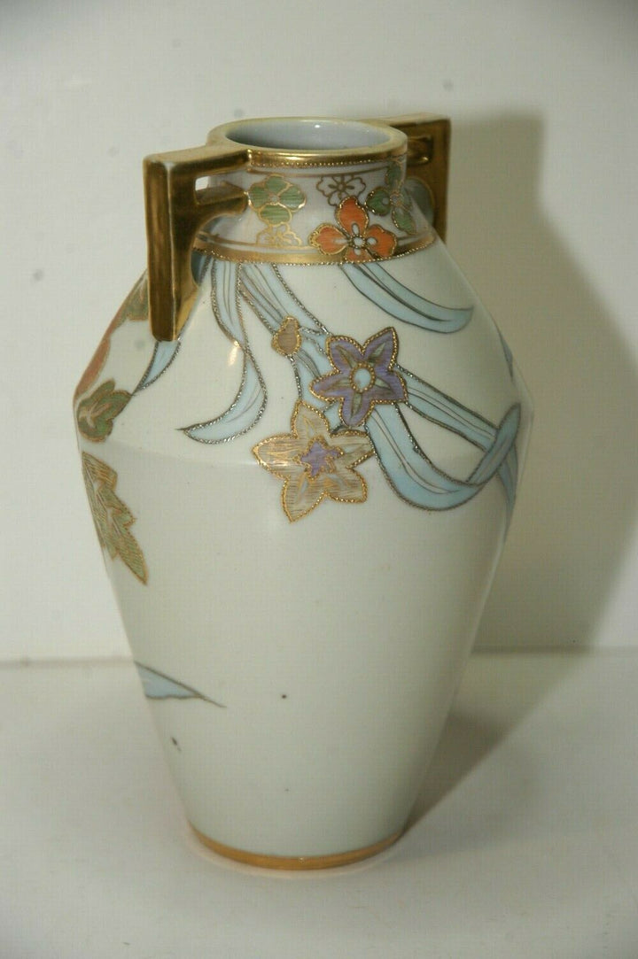 Noritake Nippon Morimura Two Handled Hand Painted Gilded Floral Vase 7.75" tall
