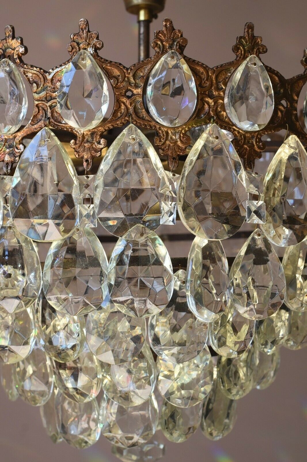 Flush Antique / Vintage Crystal Chandelier, Low Ceiling Chandelier, 1950's lamp