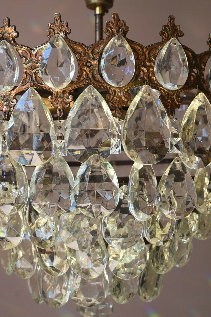 Flush Antique / Vintage Crystal Chandelier, Low Ceiling Chandelier, 1950's lamp