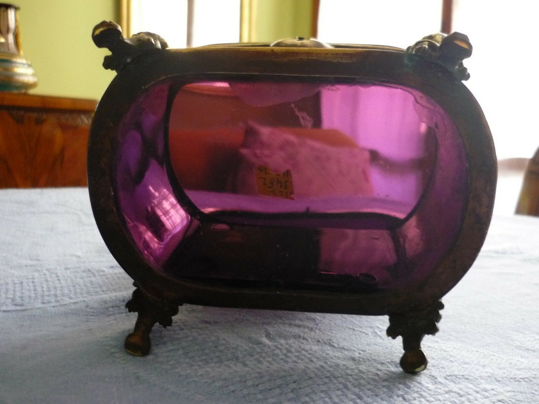 Antique Huge French Glass Casket Trinket Box Hand Enameled 1840 Circa Amethyst