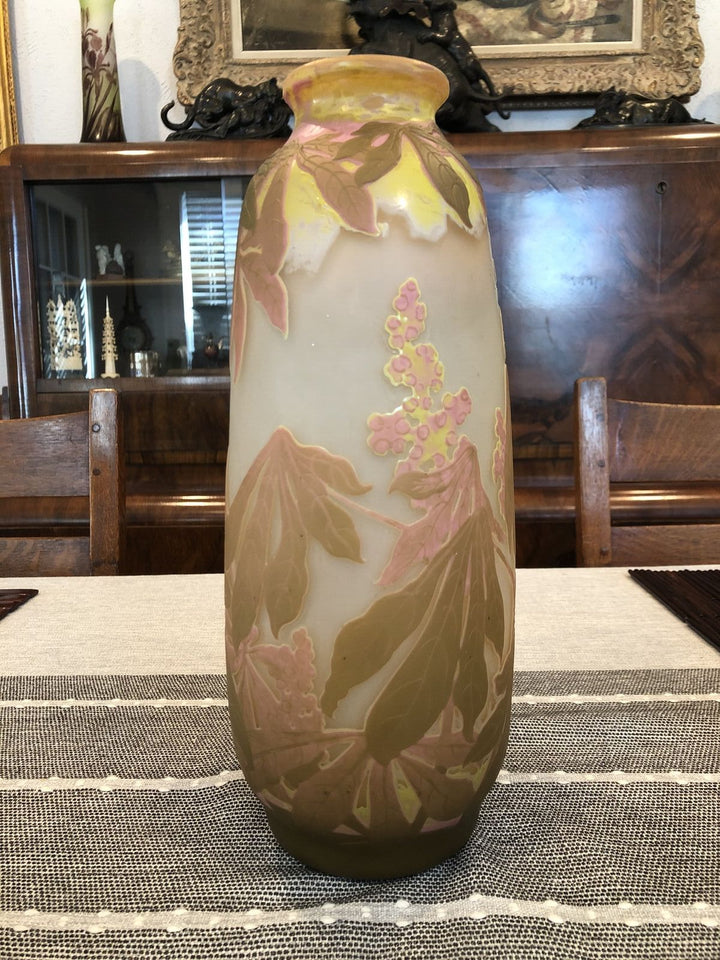 エミールガレ アールヌーボー大型花瓶 植物とピンクの花のデザイン 1905年製