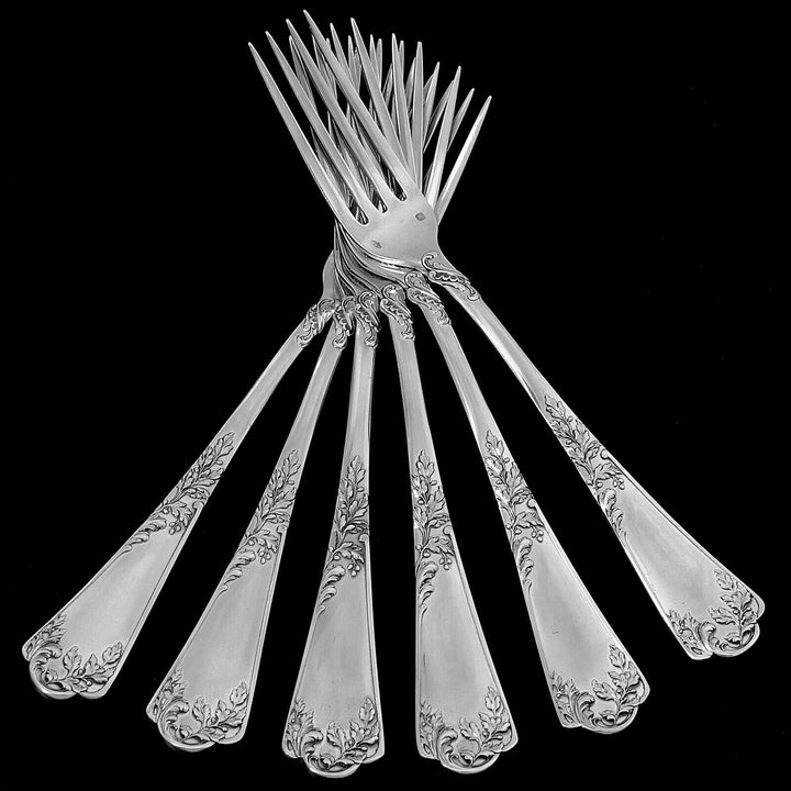 Puiforcat French Sterling Silver Dinner Flatware Set 12 Pc Foliage