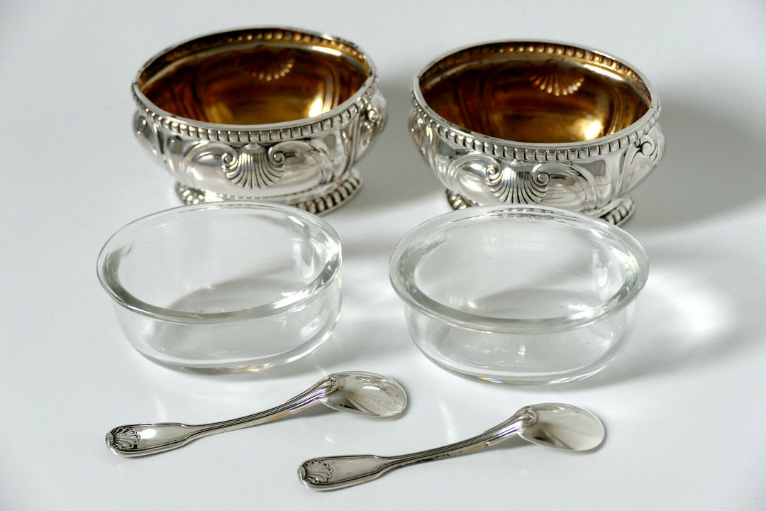 Puiforcat Gorgeous French Sterling Silver 18K Gold Salt Cellars Pair w/spoons