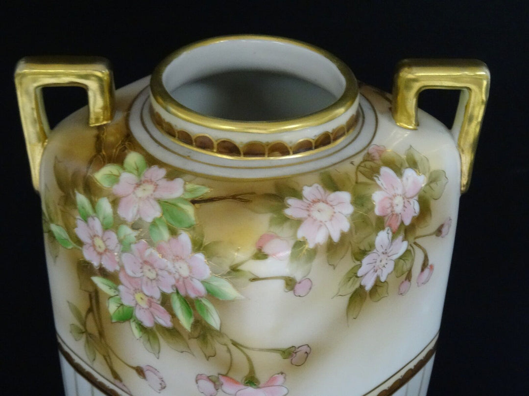 RARE ANTIQUE c.1911 MORIMURA NORITAKE HAND PAINTED GILDED FLORAL VASE ~ 8"