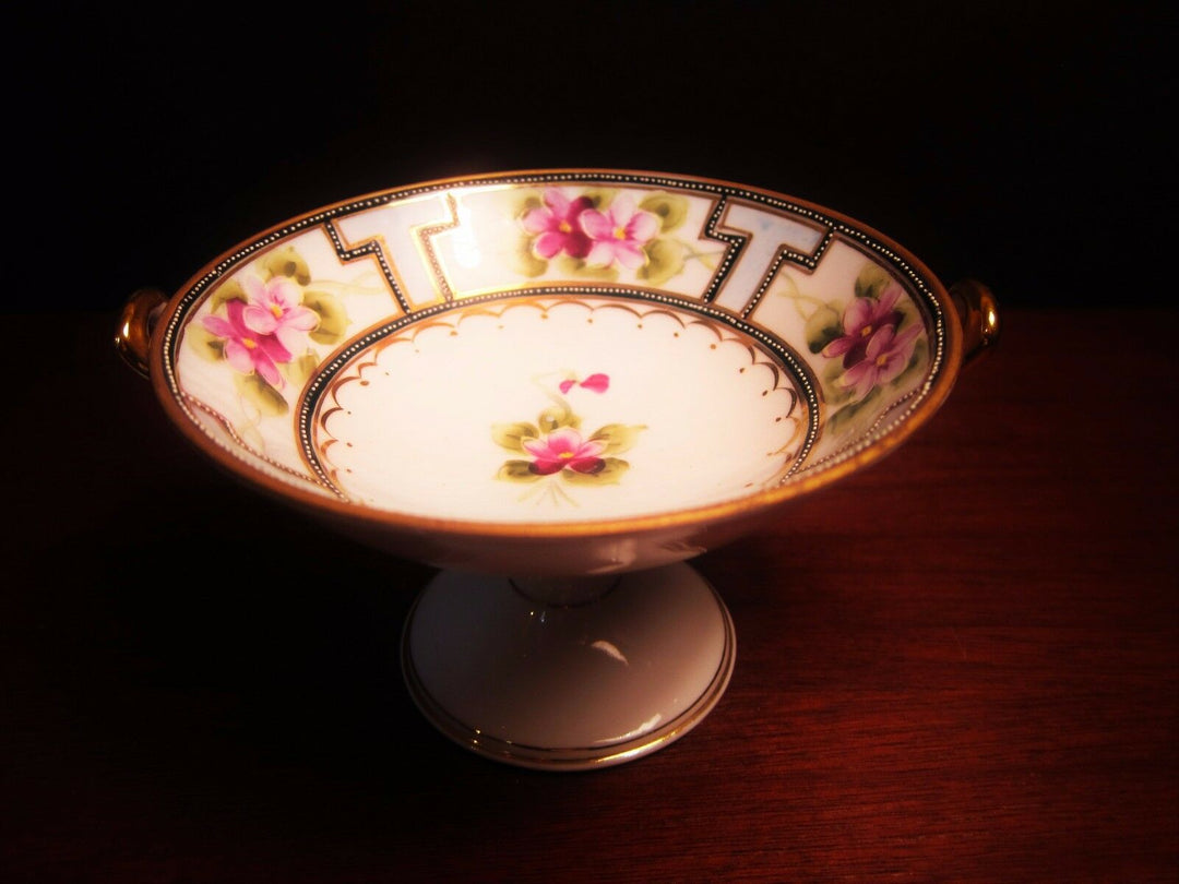 Nippon Hand Painted Moriage Pedestal Bowl Gold Handles 5” Blue Morimura Stamp
