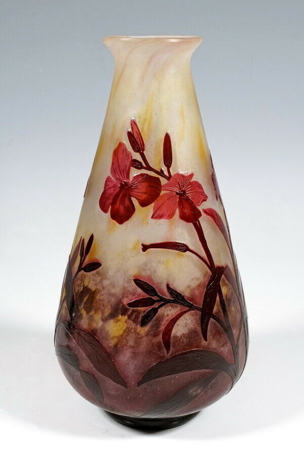 DAUM FRERES NANCY FRANCE JUGENDSTIL CAMEO VASE NACHTVIOLEN DEKOR UM 1910 H: 22CM