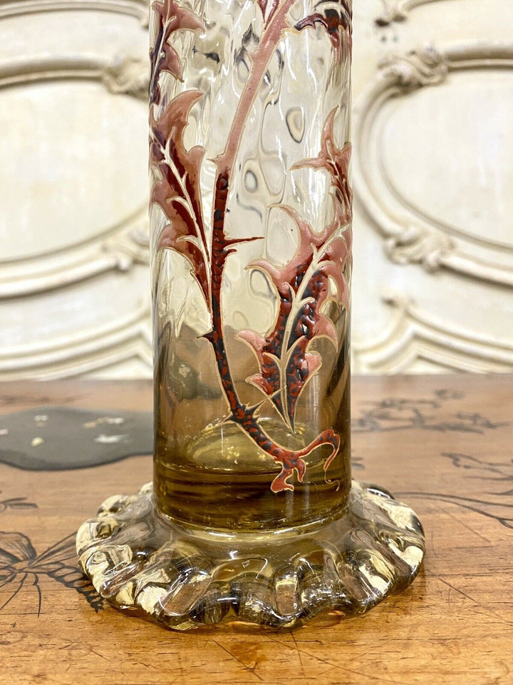 Émile Gallé - Vase Tube En Verre Dit «Chardon De Lorraine», Art Nouveau - 27cm