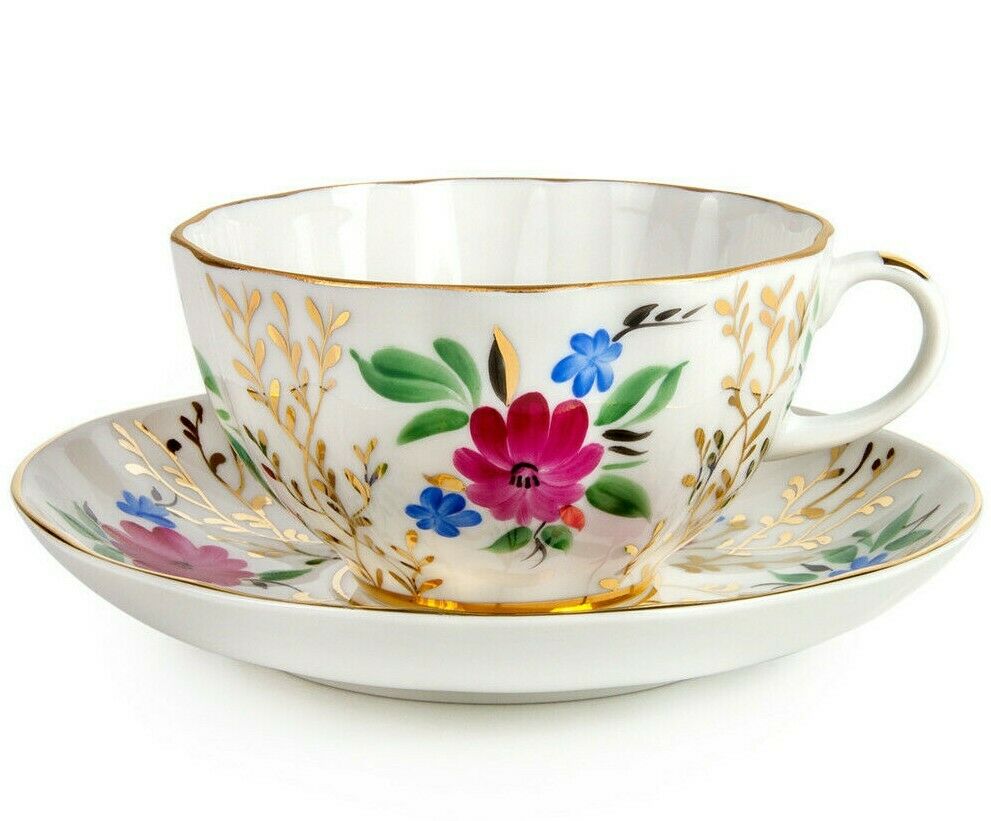 Golden Grass Teacup w/ Saucer by Imperial Porcelain Russian Lomonosov LFZ IFZ