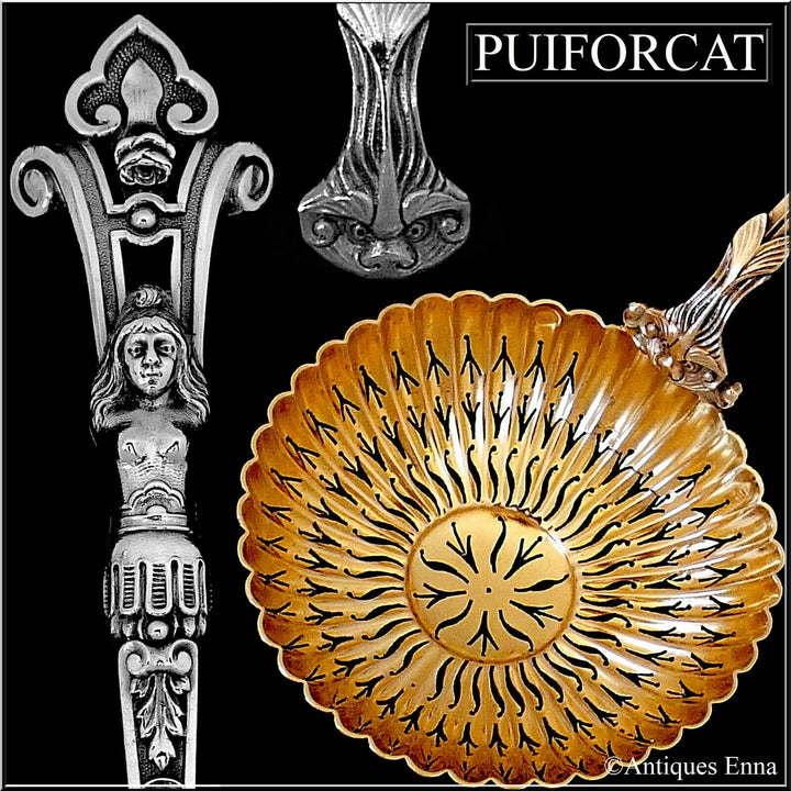 Puiforcat Rare French Sterling Silver 18k Gold Sugar Sifter Spoon, Caryatid