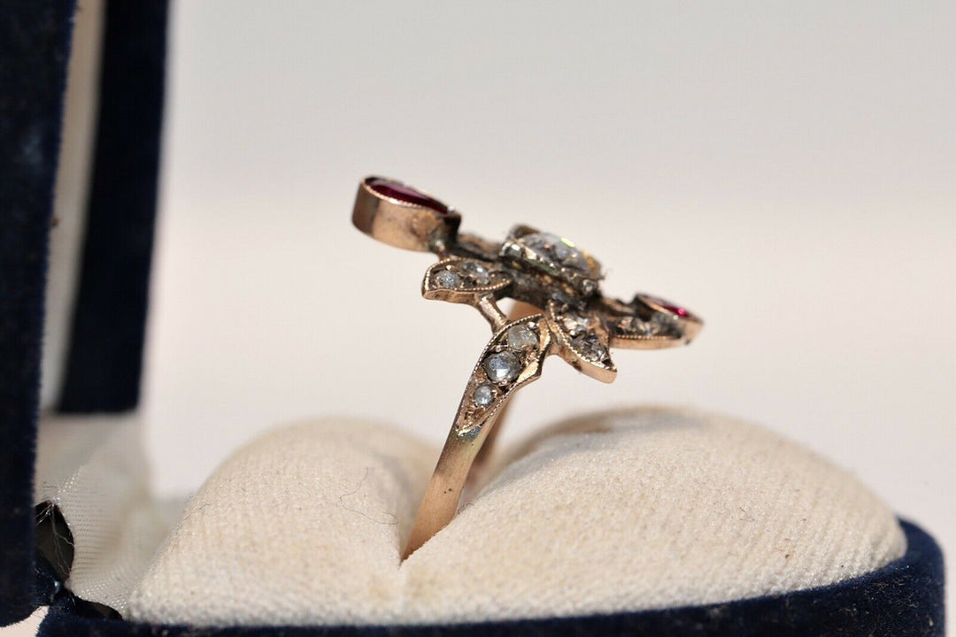 アンティーク 8K ナチュラルローズカットダイヤモンドとルビーのオスマンリング