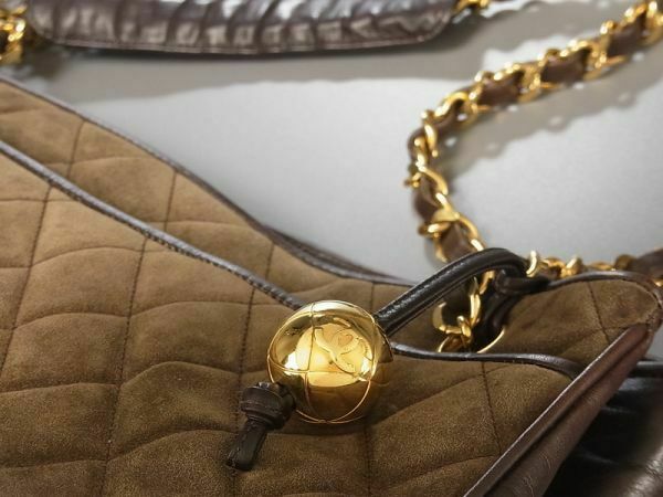 AUTH CHANEL Brown Gold Suede TOTE SHOULDER BAG