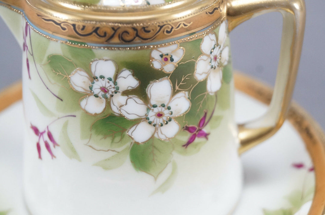 Nippon Morimura Hand Painted White Wild Rose Scrollwork & Beaded Syrup Pitcher