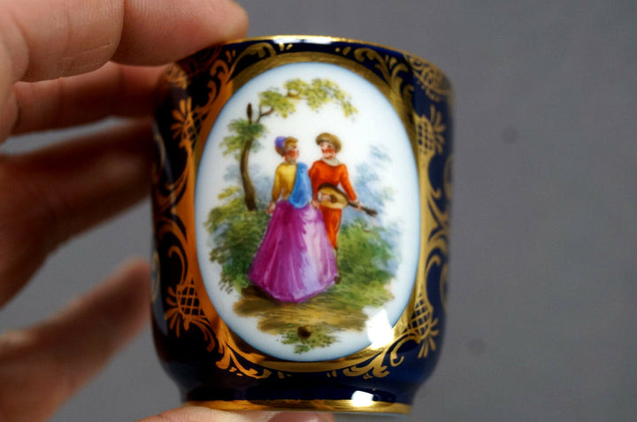 Richard Klemm Dresden Hand Painted Courting Couple Cobalt & Gold Demitasse Cup A