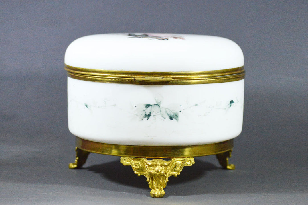ANTIQUE 18 CM PERFECT BIG SATIN GLASS FRENCH FRANCE BOX JEWELRY AND BRONZE MOUNT