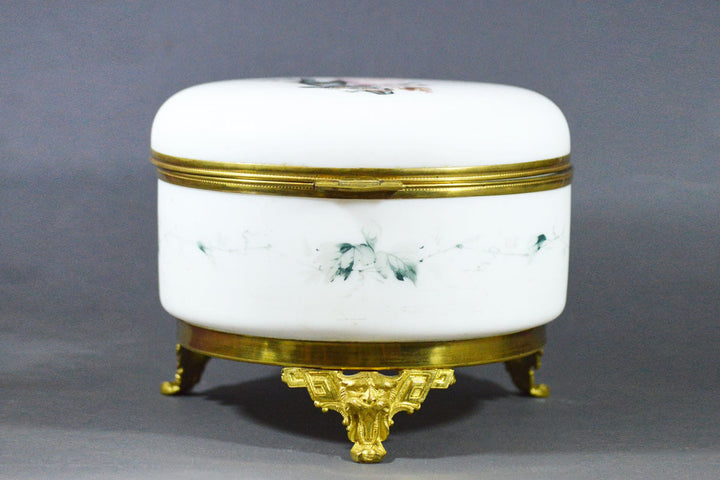 ANTIQUE 18 CM PERFECT BIG SATIN GLASS FRENCH FRANCE BOX JEWELRY AND BRONZE MOUNT
