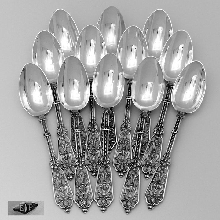 Puiforcat Rare French Sterling Silver Tea Spoons Set, Original Box, Renaissance