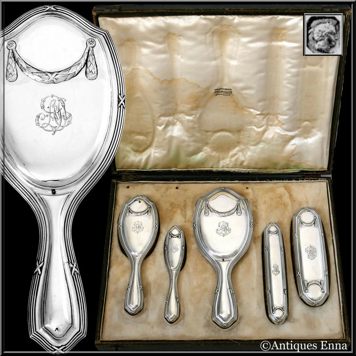 1900 Debain Rare French Sterling Silver Travel Vanity Set 5 Pc, Neoclassical