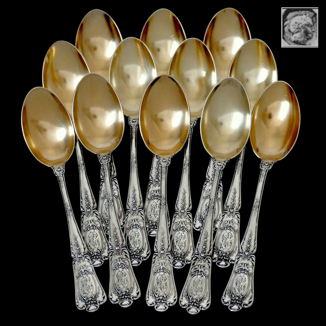 Puiforcat Masterpiece French Sterling Silver 18k Gold Tea Spoons Set 12 Pc, Box