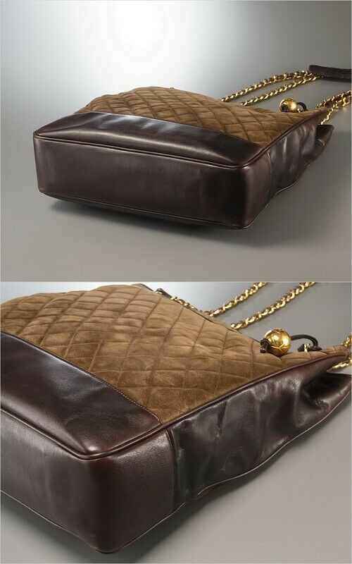 AUTH CHANEL Brown Gold Suede TOTE SHOULDER BAG