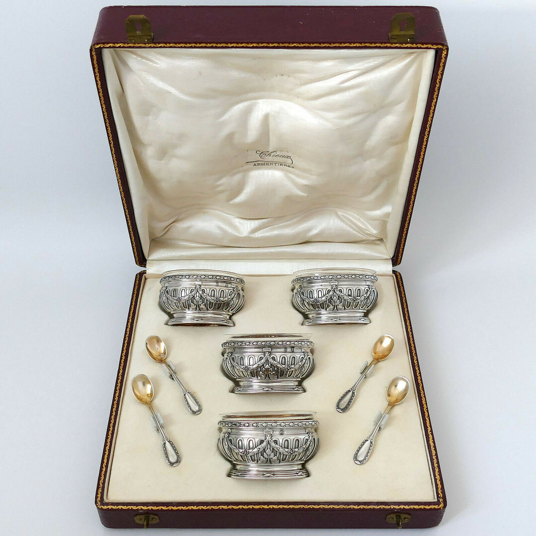 Puiforcat French Sterling Silver 4 Salt Cellars, Spoons, Box, Neoclassical