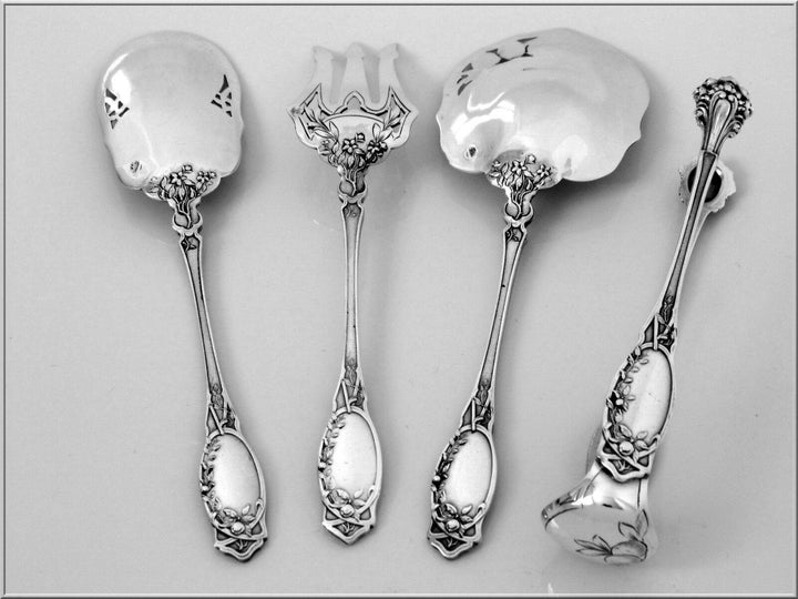 Coignet French All Sterling Silver Dessert Hors D'oeuvre Set 4 Pc, Box, Apples