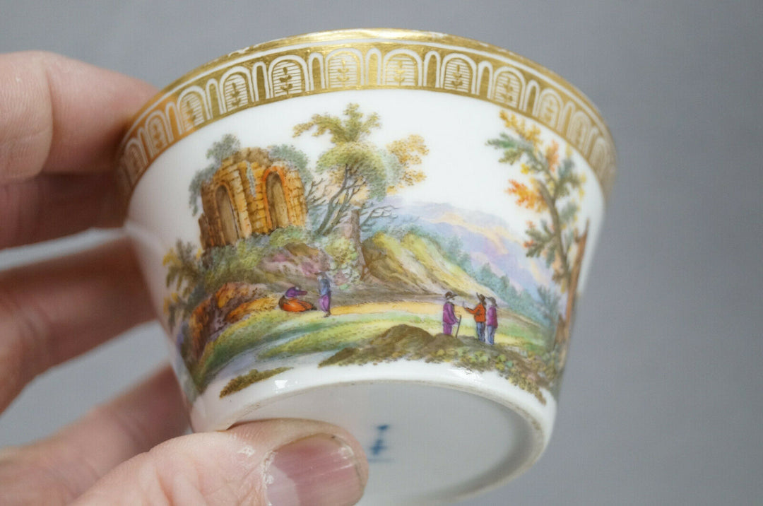 KPM Berlin Hand Painted People & Ruins Scene & Gold Tea Cup & Saucer C 1780-1800