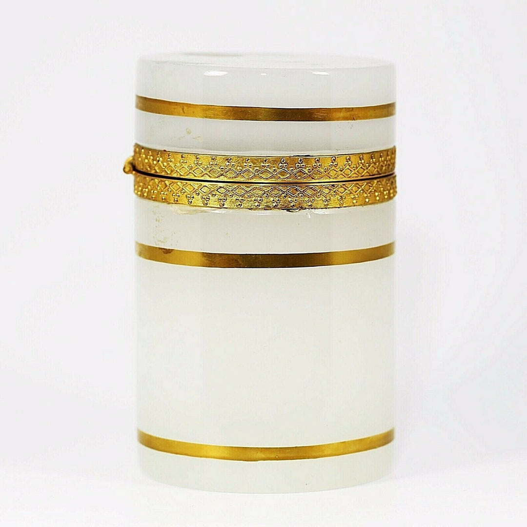 Vintage French trinket or jewelry BOX opaline glass w/ gold bands and hinged lid